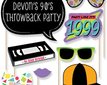 90's Throwback Photo Booth Props - 90's Throwback with Mustache, Hat, Bow Tie, Glasses & Custom Talk Bubble - 90's Prom Theme Decor - 20 pc