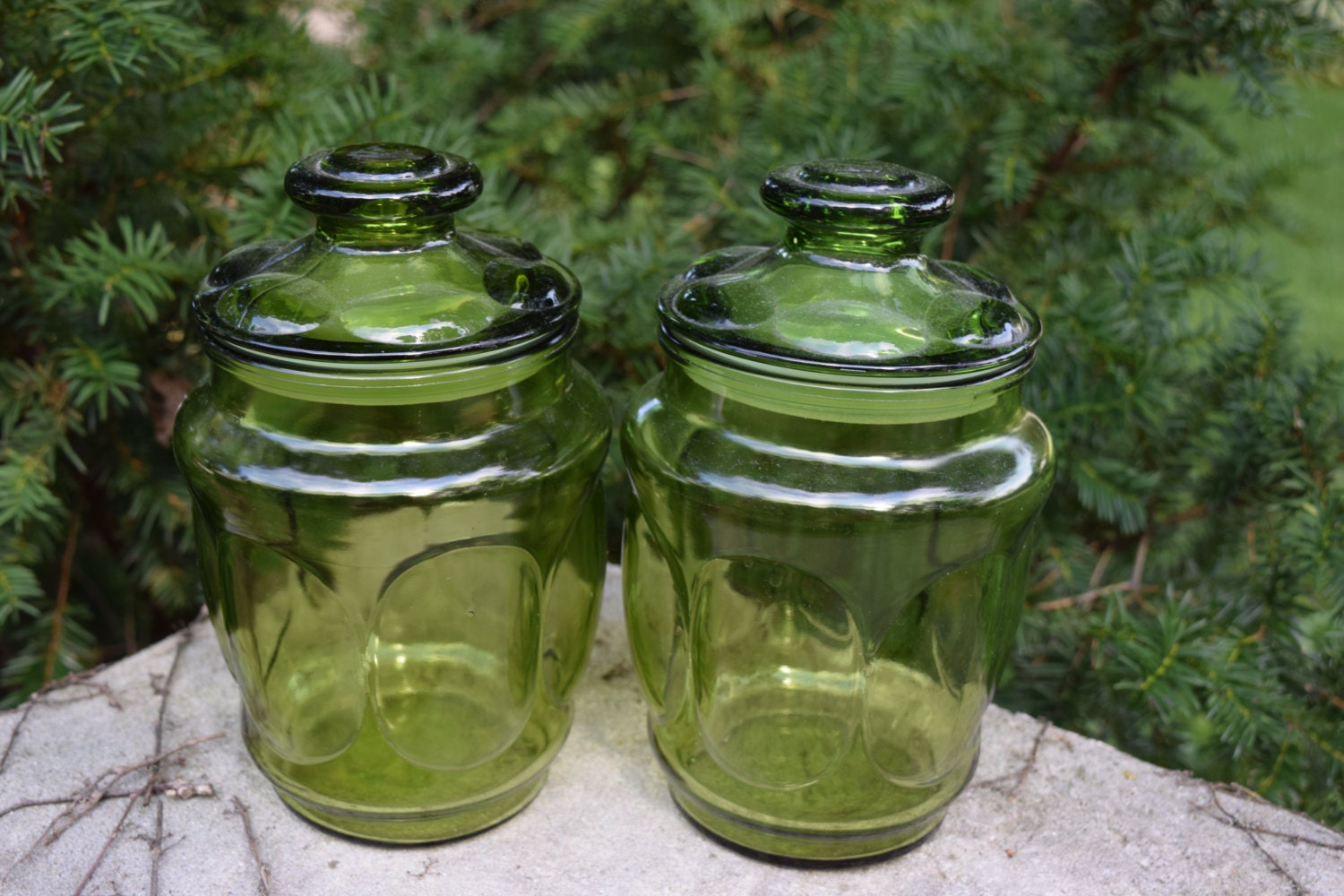 2 Green Glass Canisters with Lids Apothecary Jar Retro Glass