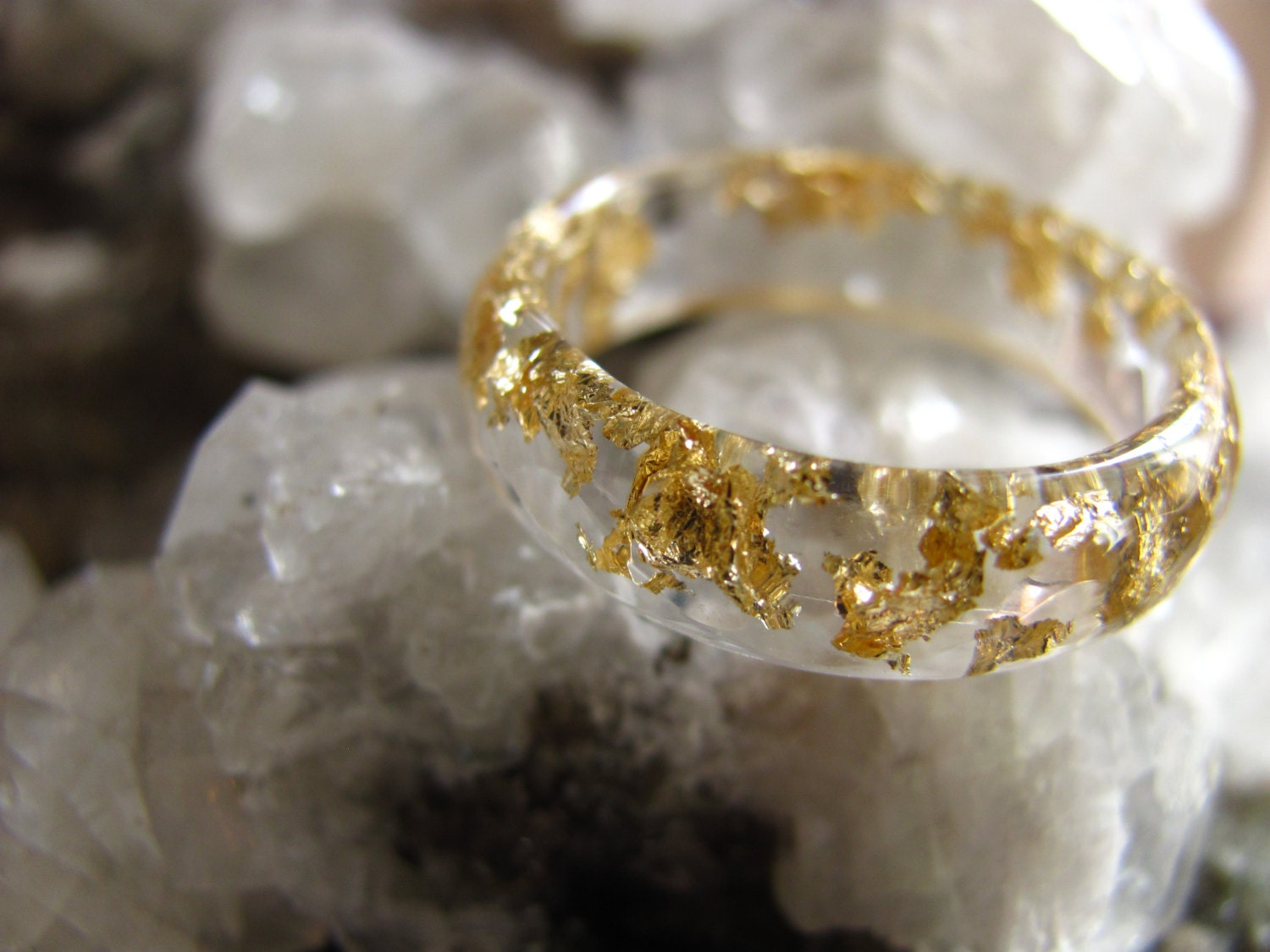 Clear Resin Ring Gold flakes Faceted Ring Stacking Ring