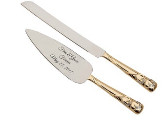 Personalized For Free Wedding Cake Server Knife Set With Crystals Forever Gold Style Handles In Gold And Silver Tone Cake Knife Server Set
