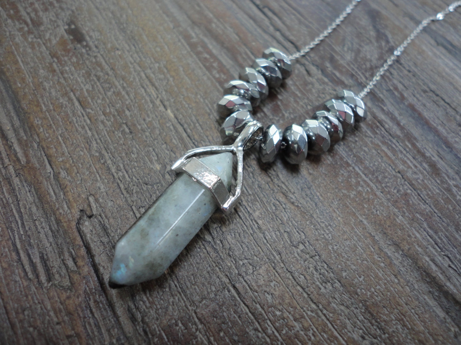 Rainbow Moonstone Point With Silver Hematite Pendant Necklace/Gemstone/Sterling Silver/White Labradorite