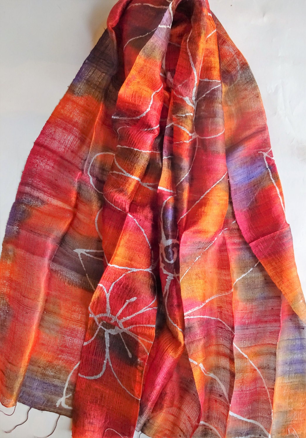 Orange Silk Shawl Hand Dyed Handwoven Batik Handmade Wedding