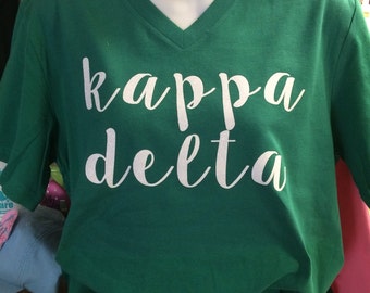 Green Canvas Kappa Delta Vneck with White Glitter Print