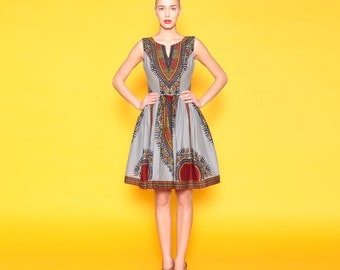 Grey Skater Dress, Angelina Print Dress, Grey Dashiki Dress, Short Summer Dress, Short Grey Dress, Grey African Print Dress, Ankara Dress
