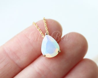 Dainty opal teardrop necklace, White opal necklace, Bridesmaid gift, Opal wedding jewelry, Bridal opal jewelry, White opal stone necklace
