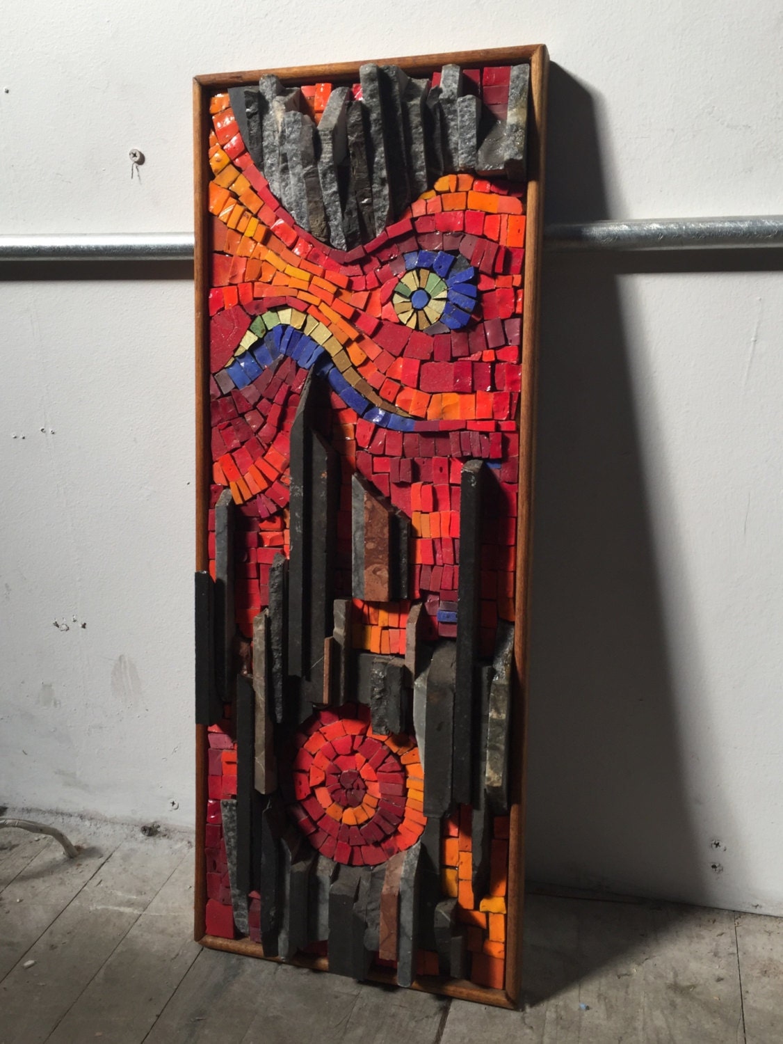 MCM wall art bright mosaic in wooden frame