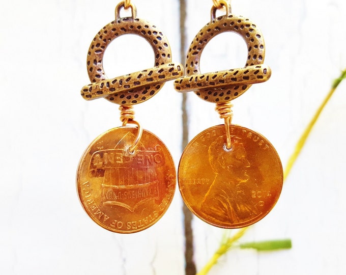 Torch Flamed Copper Penny Earrings ~ Real USA Penny Jewelry ~ Copper Anniversary Gift For Her ~ Stocking Stuffer, Gift For Co-Worker, Auntie