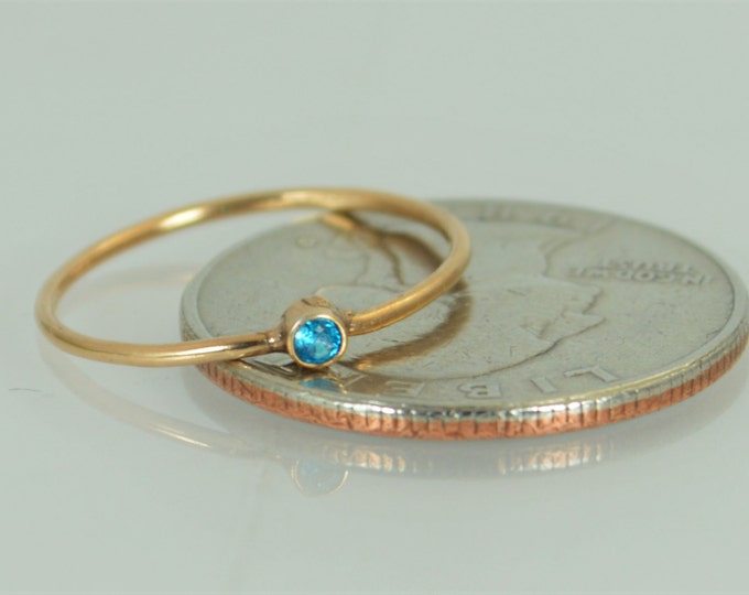 Tiny Blue Zircon Ring, Solid 14k Rose Gold Zircon Ring, Zircon Stacking Ring, Zircon Mothers Ring, December Birthstone, Solid Zircon Ring