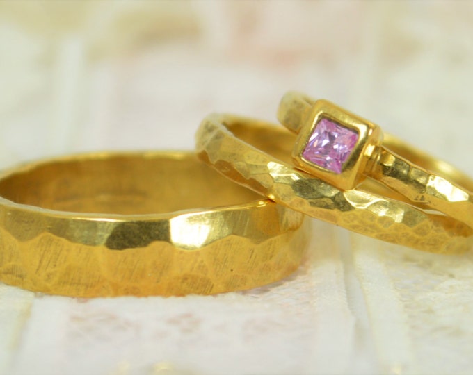Square Pink Tourmaline Engagement Ring, 14k Gold Filled, Tourmaline Wedding Ring Set, Rustic Wedding Ring Set, October Birthstone Tourmaline