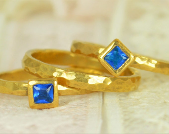 Square Blue Zircon Engagement Ring, 14k Gold, Blue Zircon Wedding Ring Set, Rustic Wedding Ring Set, December Birthstone, Solid Gold