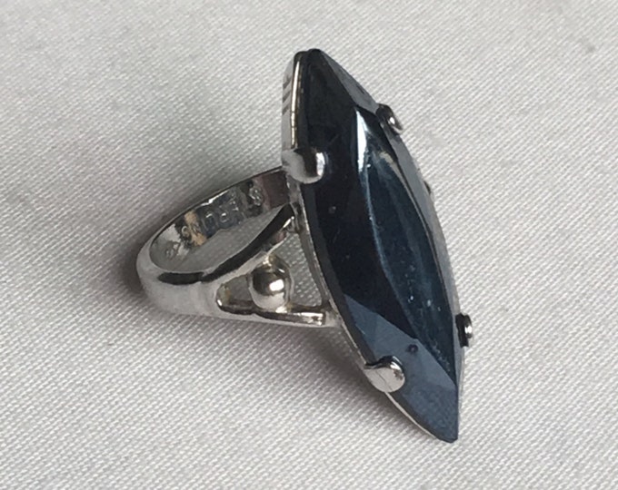 Storewide 25% Off SALE Vintage Sterling Silver Eclectic Blue Faceted Sapphire Designer Cocktail Ring Featuring Oversized Marquise Style