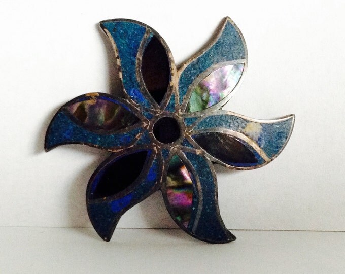 Storewide 25% Off SALE Vintage Abalone Inlaid Sterling Silver Pin Wheel Mexican Designer Brooch Featuring Floral Leaf Inspired Designs