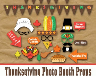Thanksgiving Photo Booth Props and Decorations - Printable Props and Banner - Over 40 Images in Full Color and Outlines - Digital Download