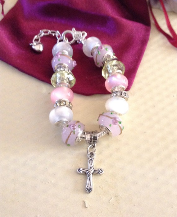 Pretty Pastel Bead Bracelet with Cross Charm 7.5 Nice