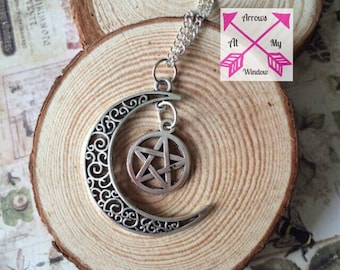 Moon and pentagram necklace, Moon and pentacle necklace, Moon pendant, Moon necklace, Pentagram necklace, Pentacle necklace,