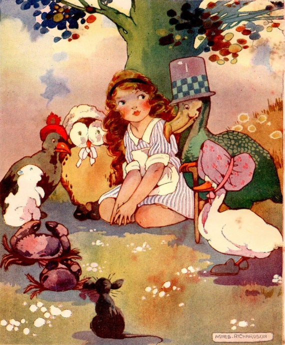 ALICE in WONDERLAND Kinder Print 1920 - Agnes Richardson - er waren een eend en een Dodo, een Lory en een adelaarsjong - gematteerd - klaar frame
