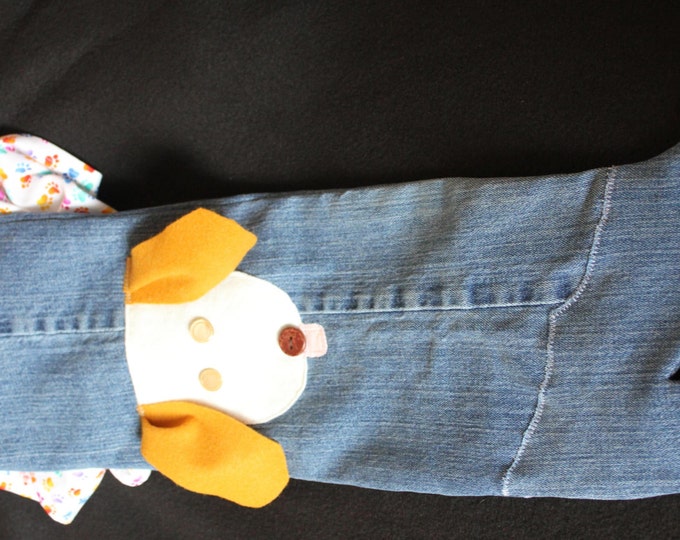 HALF PRICE ** Puppy Love Upcycled Blue Jean Christmas Stocking. Paw Print Hanky and Adorable Puppy Face appliqued on back. Dog Lover Gift!