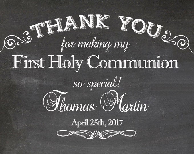 Chalkboard thank you card. First Communion tag. First Holy Communion. Printable Party invitation. Chalkboard First Communion thank you.
