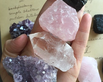 Raw Crystals - Four Raw Stones - Crystals - Raw Amethyst Cluster - Black Tourmaline - Raw Rose Quartz - Gift For Her