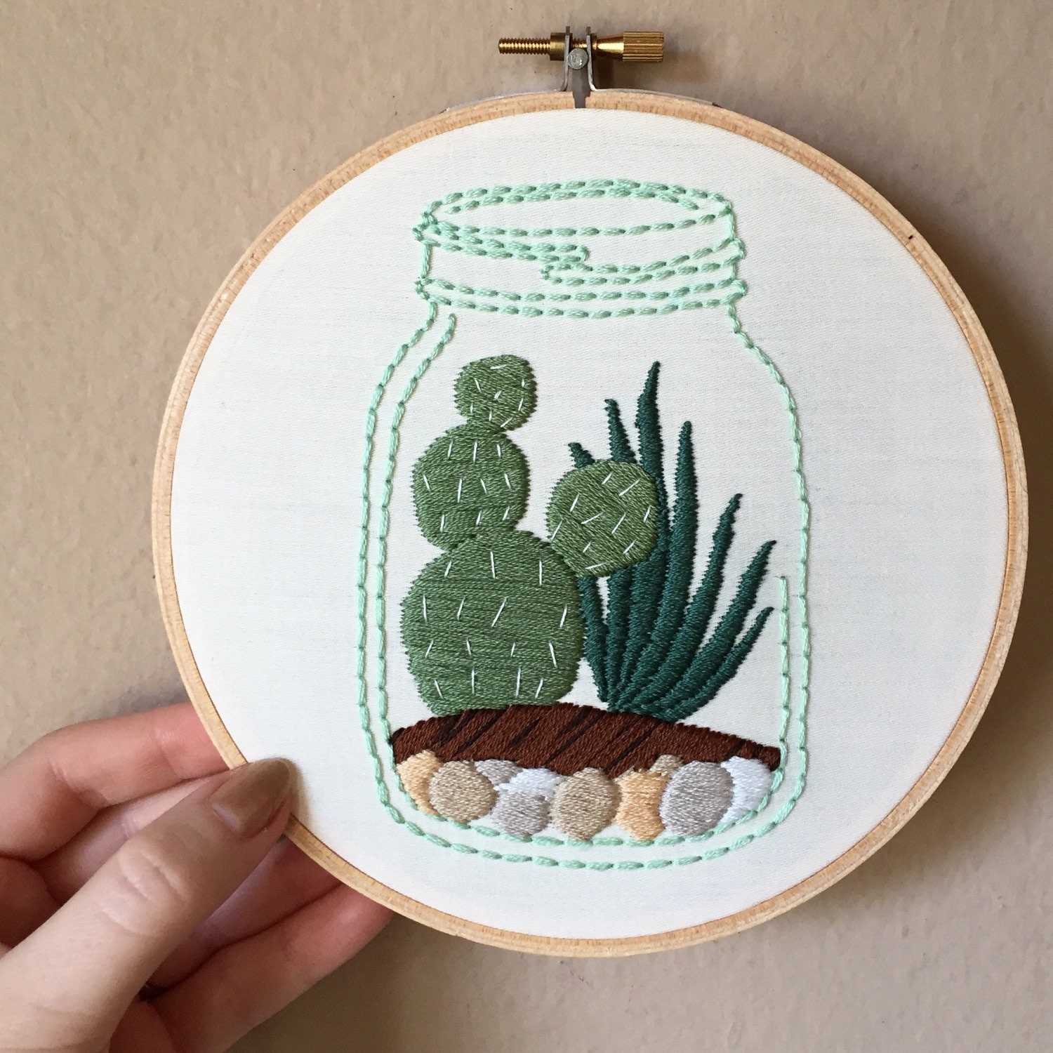 Cactus succulent hand embroidered art in mason by MoonriseWhims