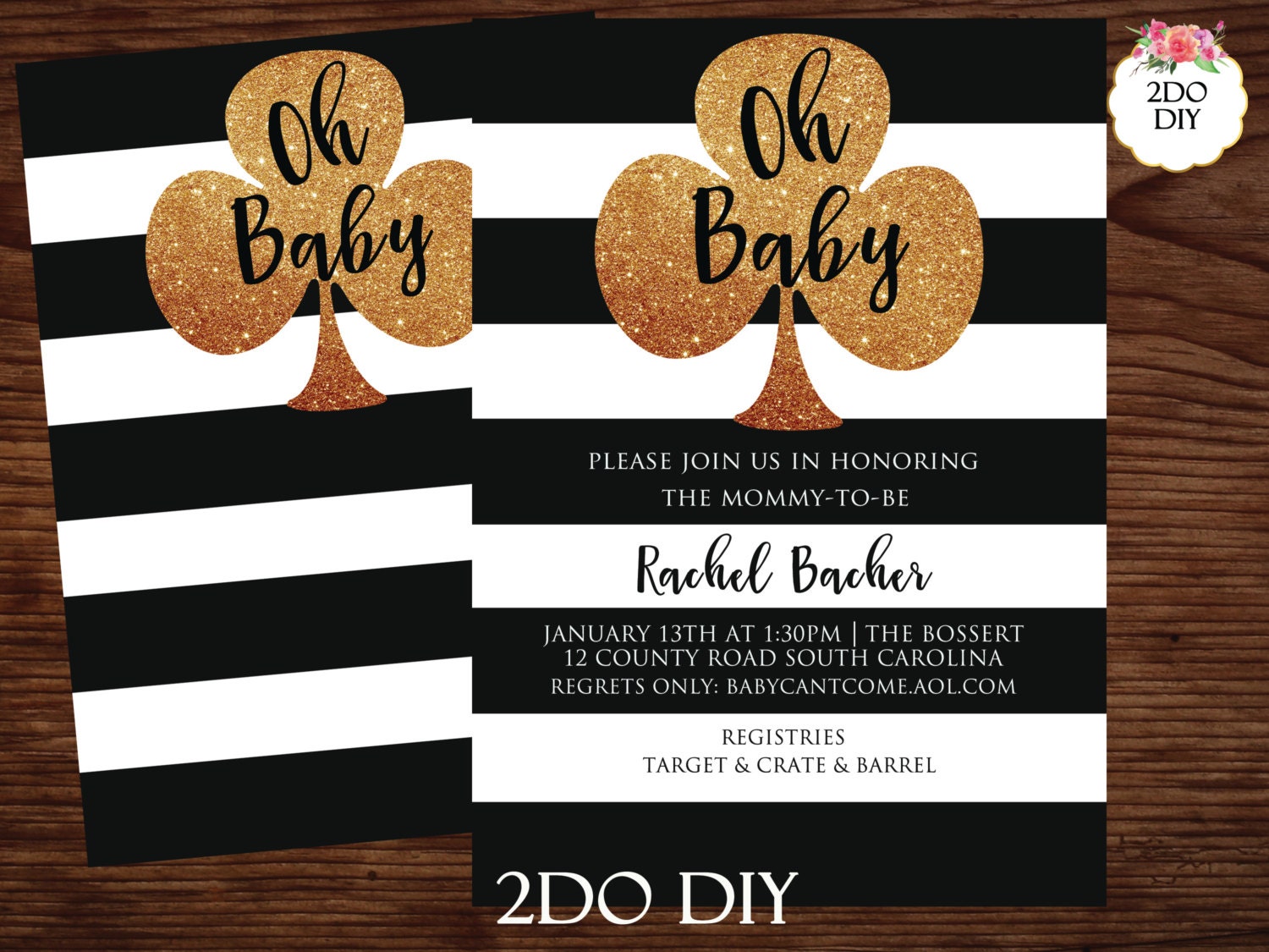 Oh Baby Shower Invitation Black White Stripe/ Girl / Boy