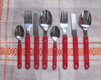 Vintage Rostfrei Inox Flatware 2 Sets of Fork, Knife, Tablespoon & Teaspoon - 8 Retro Stainless Steel Flatware with Red Plastic Handles