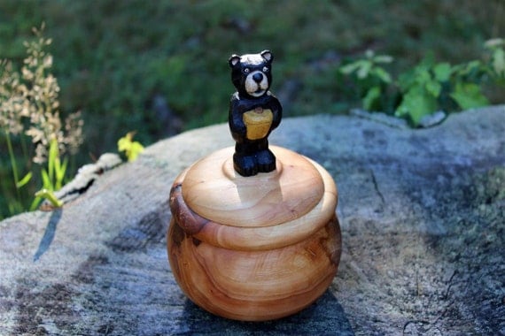 Lidded Wood Bowl, Turned Silver Maple Box, Hand Carved Basswood Black Bear - Holding Honey Pot Handle, Hand Turned Wooden Bowl with Lid