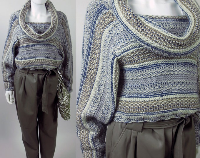 90s cropped cowl neck batwing striped hand knit sweater