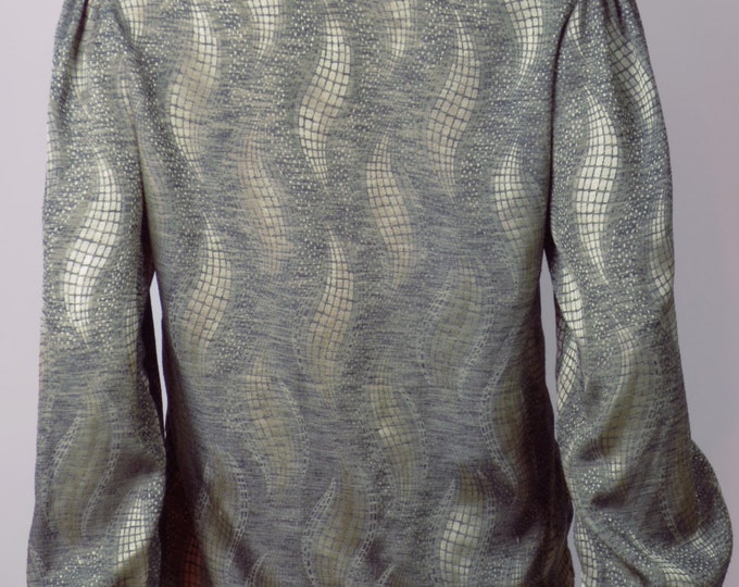 80s futuristic silver metallic silk jacquard cowl neck disco blouse top