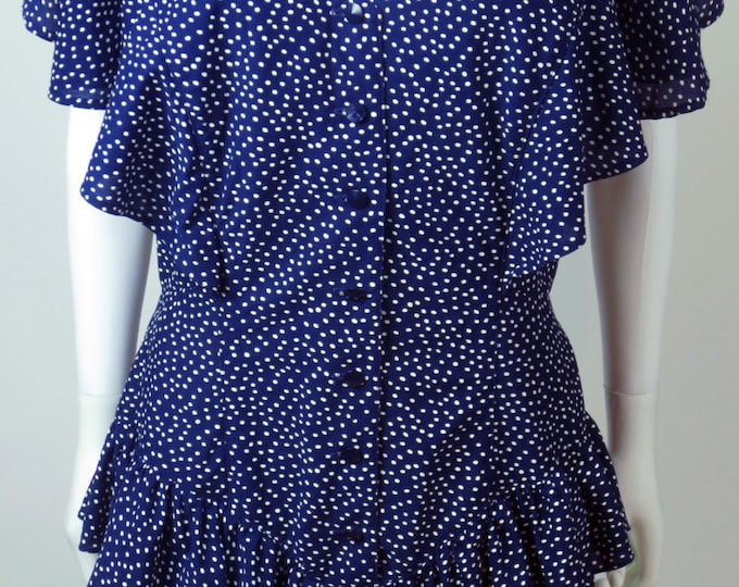 80s NAVY stretch crepe ruffled polka dot dress with ruffled tiered skirt