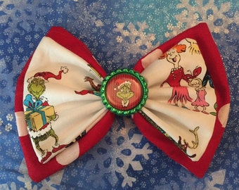 Dr Seuss Grinch Holiday Gathering Whoville Double Stacked Fabric Hair Bow Christmas Holiday Gift Stocking Stuffers Favors Cindy Lou Who