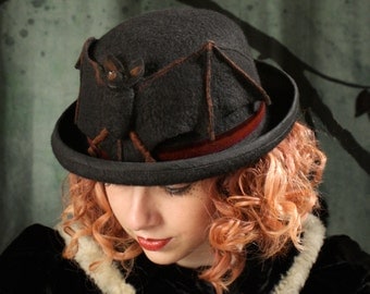 Bowler Hat With Bat - Bat Hat - Black Bowler Hat - Bowler Hat
