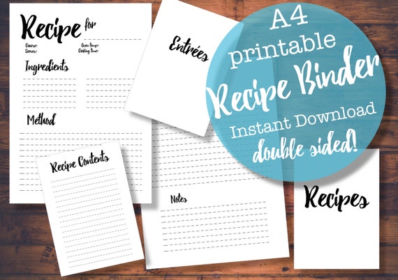 Printable A4 Recipe Binder Sheet Black and by DaisyChainDigital