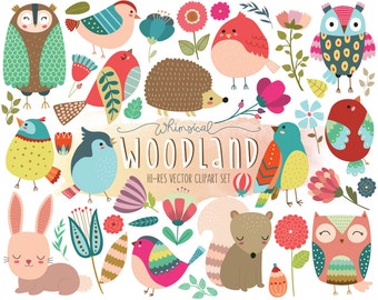 Woodland Clipart - Cute Forest Animal Clip Art - Set of 40 Vector, PNG, & JPG Designs - Summer Clip Art, Floral Clipart