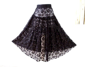 Vintage 90s Black Lace Maxi Skirt - Sheer Black Lace Skirt - High Waist Black Maxi Skirt - Size Small