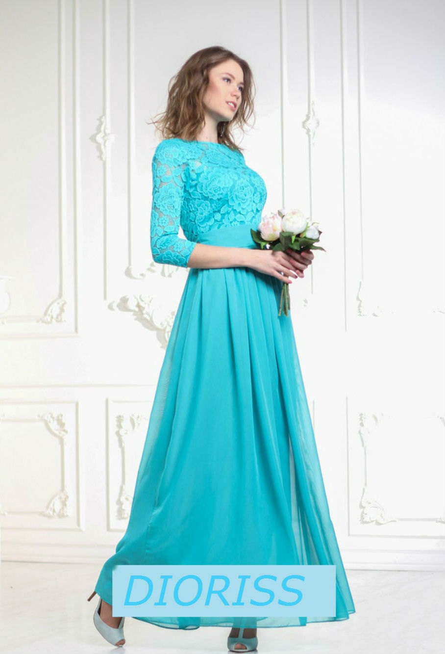  Turquoise  Blue Bridesmaid  Maxi Dress  Turquoise  Chiffon Wedding 