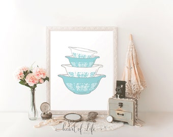 Vintage pyrex printable art 5x7 and 8x10 kitchen Digital art printable Blue pyrex kitchen printable Kitchen decor art HEART OF LIFE Design