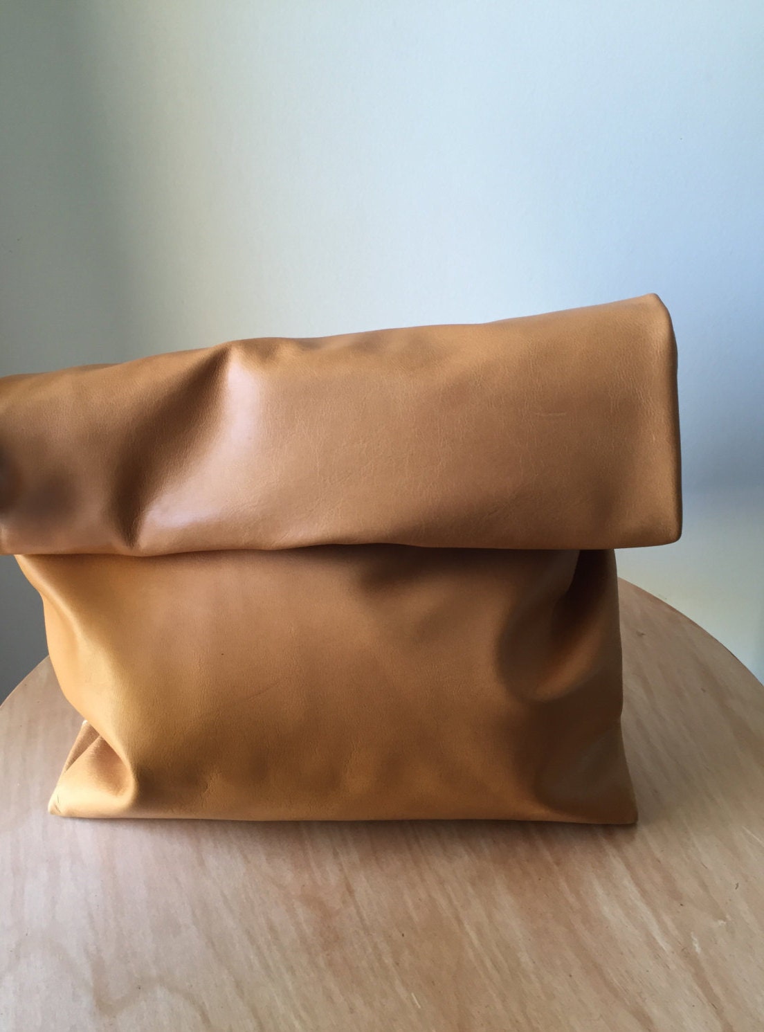 Leather Lunch Bag rolled clutch. Leather lunch bag tote.