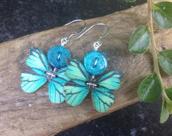 Blue green turquoise teal butterfly drop earrings - pretty delicate quirky - retro rockabilly pinup style - gift - button jewellery UK