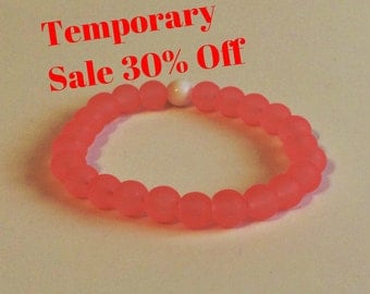 30% Off! Salmon Pink 8mm Womans Stretch Glass Bracelet Dainty Bohemian Plus Size Beaded Lokai Stacking Abundance Stackable Woman Gift Idea