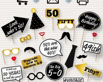 50th Birthday Party Printable Photo Booth Props - Glasses, Hats, Ties, Lips, Mustaches, Speech - INSTANT DOWNLOAD - Printable Birthday Props