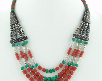 Turquoise and Coral, Coral Beads, Bone Jewelry, Himalayan Jewelry, Unique Jewelry Findings