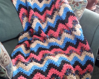 Brightly Colored Zigzag Crocheted Afghan