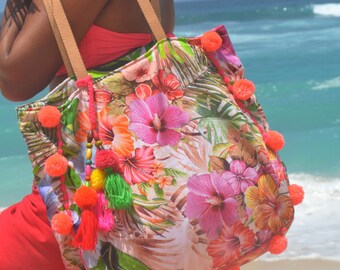 SALE!! Pom Pom beach bag/Tassels beach bag/Boho Bags/Yoga Bag /Diapers bags/ Weekend bags * TROPICAL tote BAG