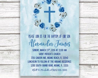 Baptism Invitation Boy, Blue Christening Invitation, First Communion Invitation Boy, Watercolor Baptism Invite, Printable