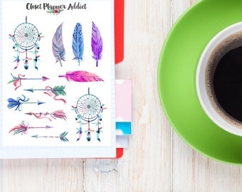 Feathers And Dreamcatchers Watercolour Planner Stickers | Feathers Stickers | Arrows | Dreamcatchers Stickers | Boho Stickers (S-026)