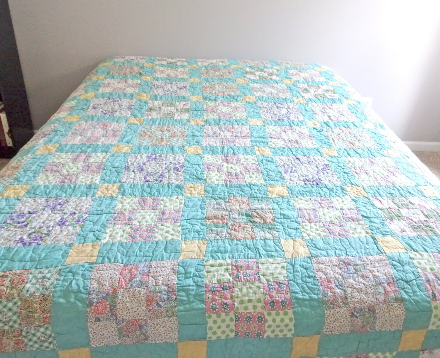 Turquoise Quilt. Bright colored quilt. Vintage Feedsack