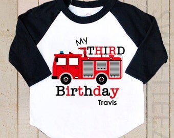 Firetruck birthday Shirt Boy Personalized Shirt Boy Black Raglan Shirt