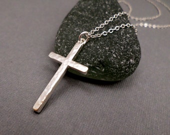 Silver Cross Necklace, Large. Free Shipping. Sterling Silver Cross Necklace. Hammered Modern Cross Pendant. 1 1/4"