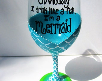 Hand Painted Wine Glasses, Mermaid Wine Glass, Painted Wine Glass, Mermaid decor, Gift Ideas for Women, Birthday Gift, Custom Wine Glass